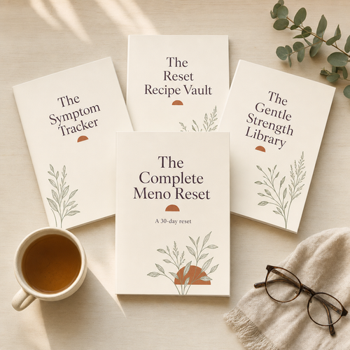 The Complete Meno Reset 30-day guide with its three companion booklets — The Symptom Tracker, The Reset Recipe Vault and The Gentle Strength Library — on warm oat linen in morning light
