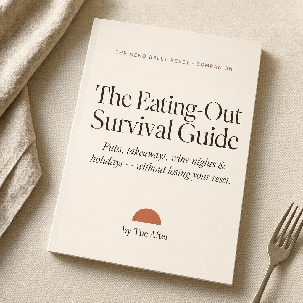 The Eating-Out Survival Guide booklet on a pale wood table in soft morning light — the real-life companion to The Meno-Belly Reset