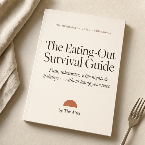 The Eating-Out Survival Guide booklet on a pale wood table in soft morning light — the real-life companion to The Meno-Belly Reset