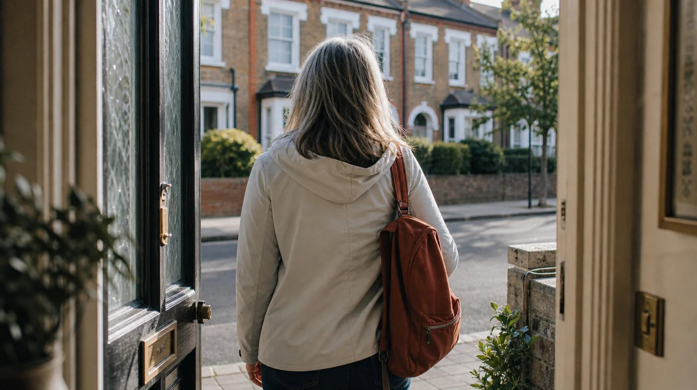 Seen from behind, a woman steps out of her front door into bright morning light, ready for a walk