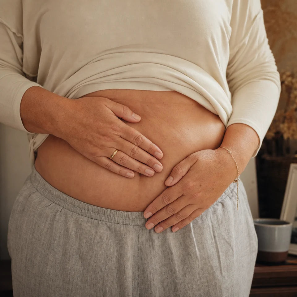 A woman's hands resting gently and tenderly on her own soft midlife belly, skin warm in the morning light