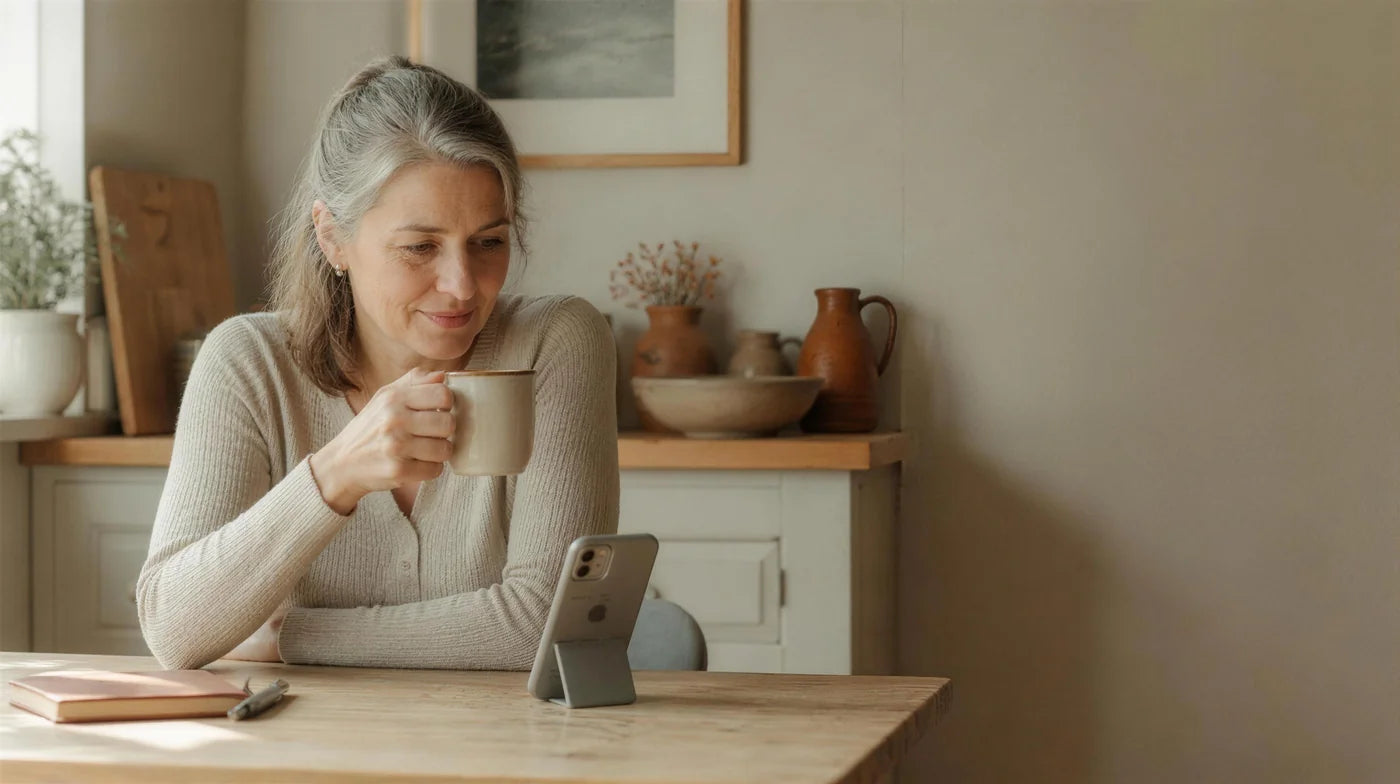 Woman in her mid-fifties at her kitchen table in soft morning light, tea in hand, her phone propped in front of her
