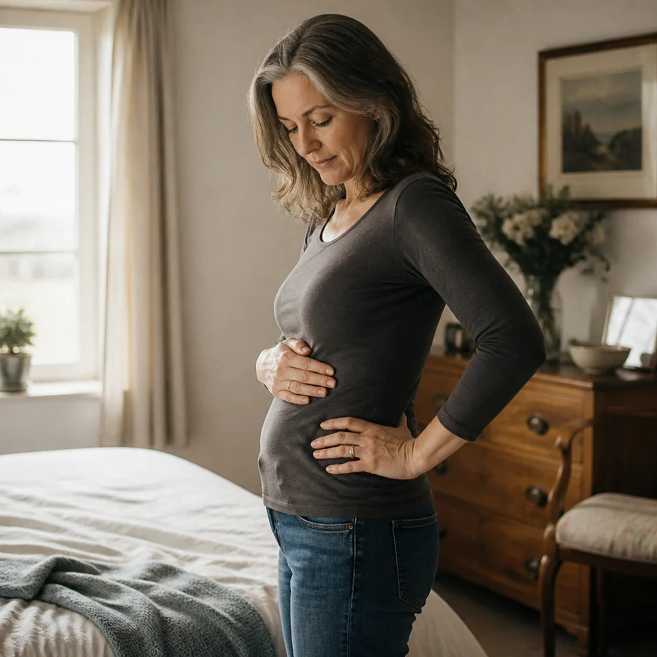 Woman in her fifties standing side-on in soft bedroom light, one hand on her hip and the other resting on her midsection as she calmly notices her changed midlife body