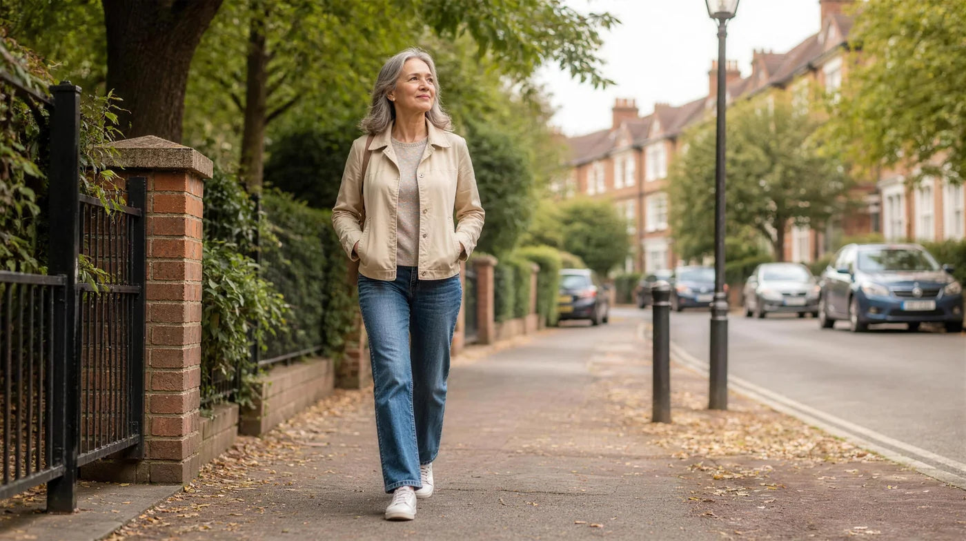 Woman walking unhurried along a leafy residential street in the morning, in a light jacket